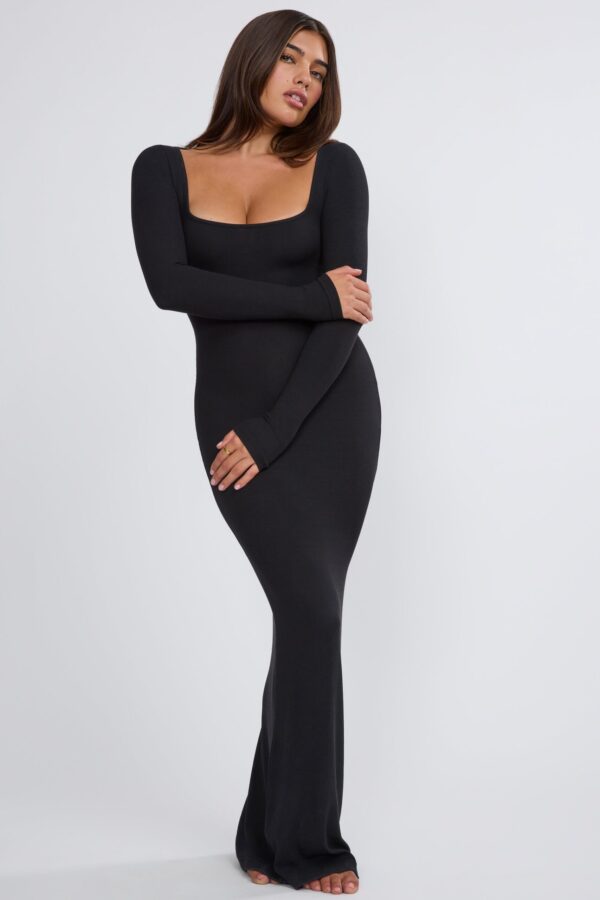 Ribbed Modal Long Sleeve Maxi Dress in Black - Image 6
