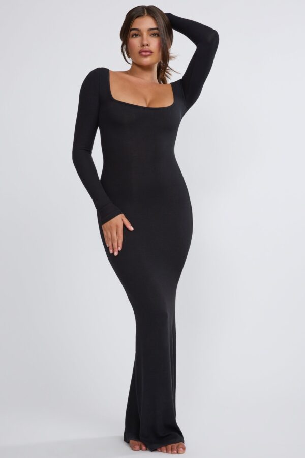 Ribbed Modal Long Sleeve Maxi Dress in Black - Image 7