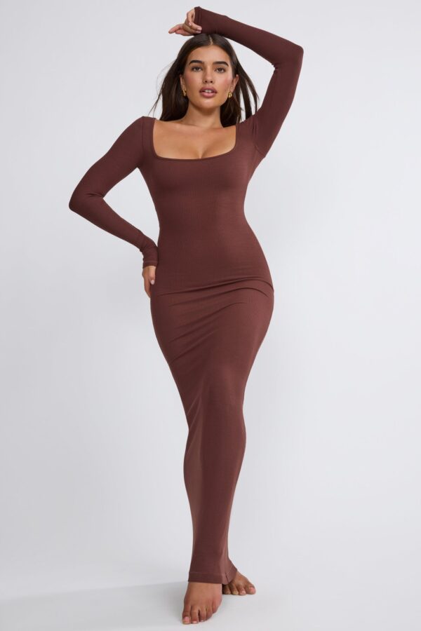 Ribbed Modal Long Sleeve Maxi Dress in Chocolate - Image 10
