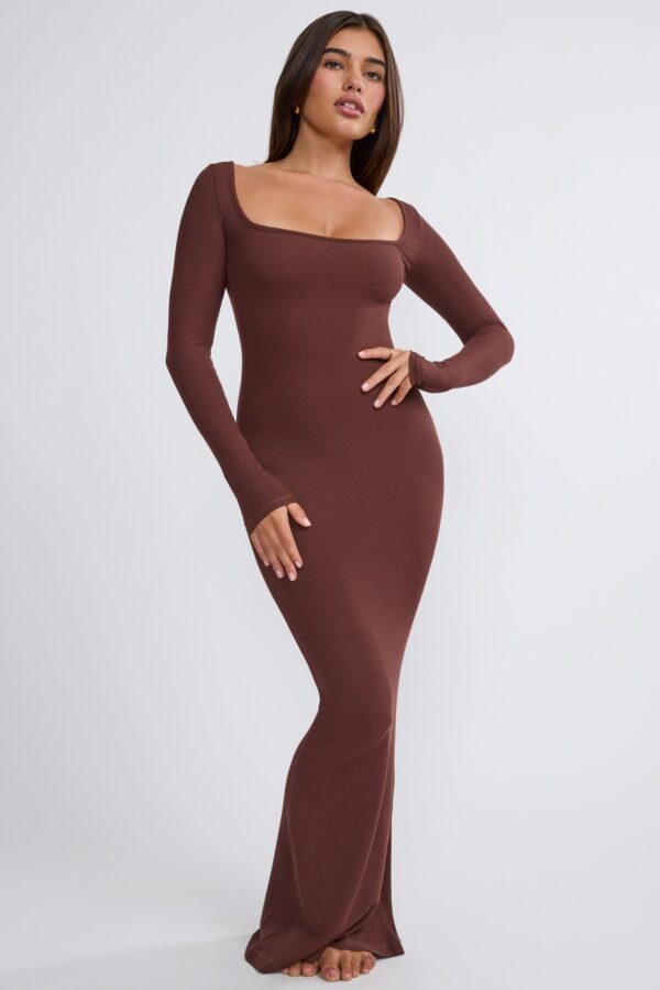 Ribbed Modal Long Sleeve Maxi Dress in Chocolate - Image 4