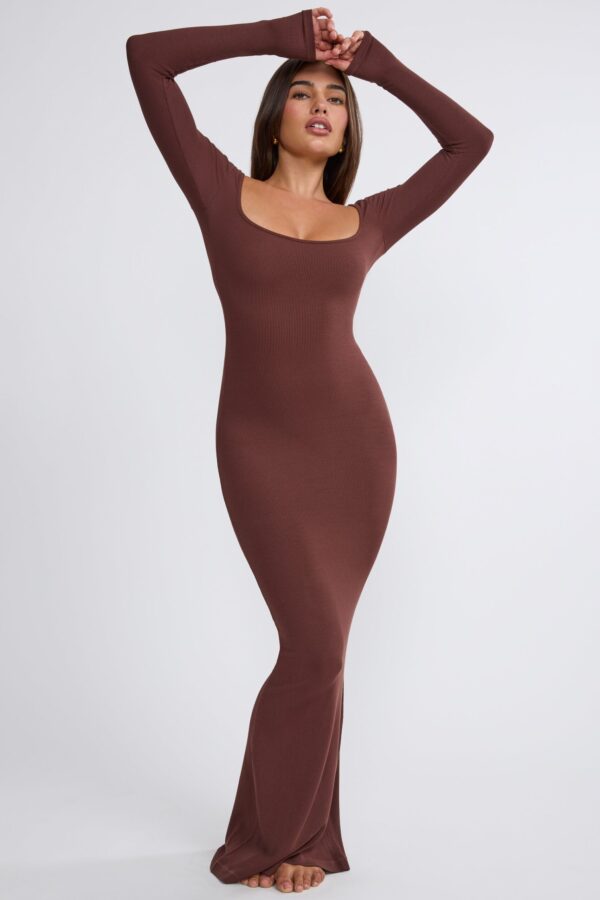 Ribbed Modal Long Sleeve Maxi Dress in Chocolate - Image 5