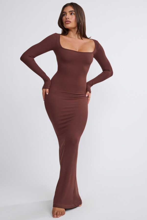 Ribbed Modal Long Sleeve Maxi Dress in Chocolate - Image 6