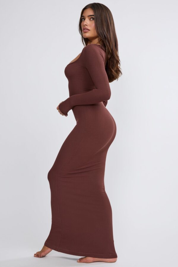 Ribbed Modal Long Sleeve Maxi Dress in Chocolate - Image 3