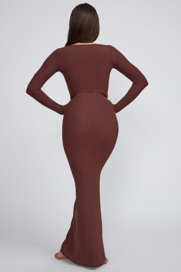 Ribbed Modal Long Sleeve Maxi Dress in Chocolate - Image 2