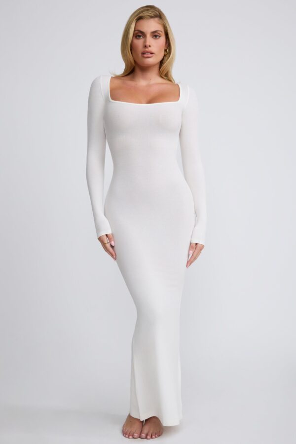 Ribbed Modal Long Sleeve Maxi Dress in White - Image 4