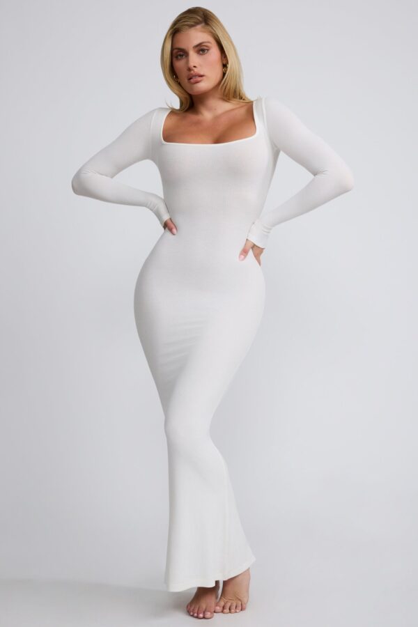 Ribbed Modal Long Sleeve Maxi Dress in White - Image 5