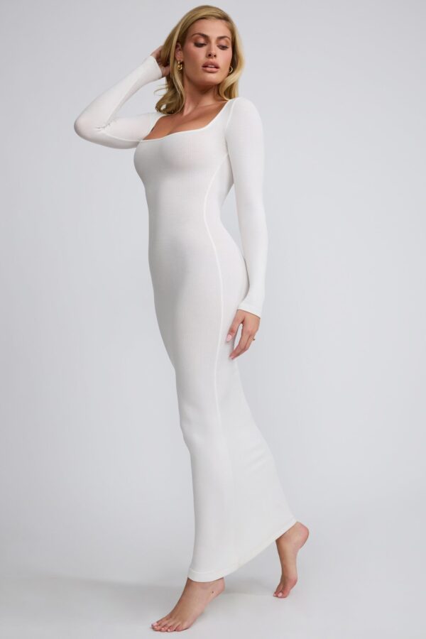 Ribbed Modal Long Sleeve Maxi Dress in White - Image 3