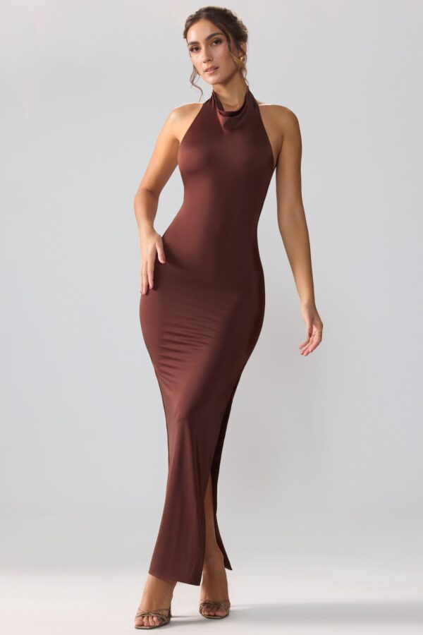 Premium Jersey Cowl Neck Backless Maxi Dress in Espresso - Image 5