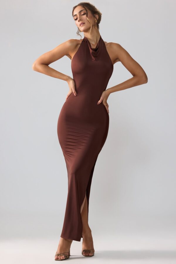 Premium Jersey Cowl Neck Backless Maxi Dress in Espresso - Image 6