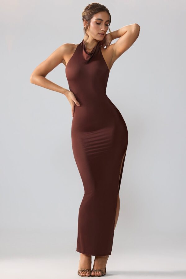 Premium Jersey Cowl Neck Backless Maxi Dress in Espresso - Image 4