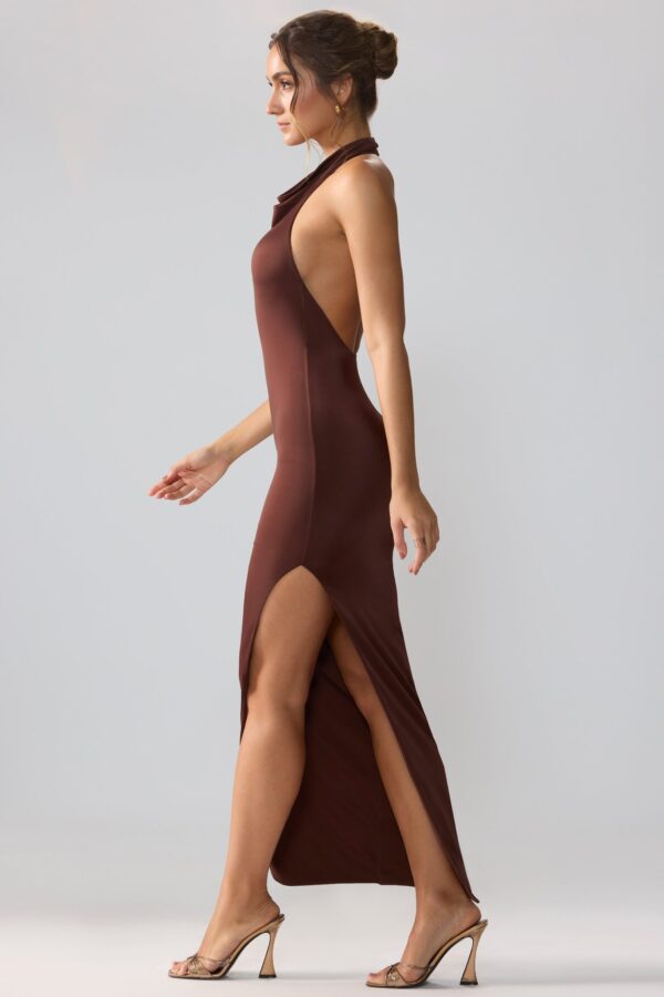Premium Jersey Cowl Neck Backless Maxi Dress in Espresso - Image 3