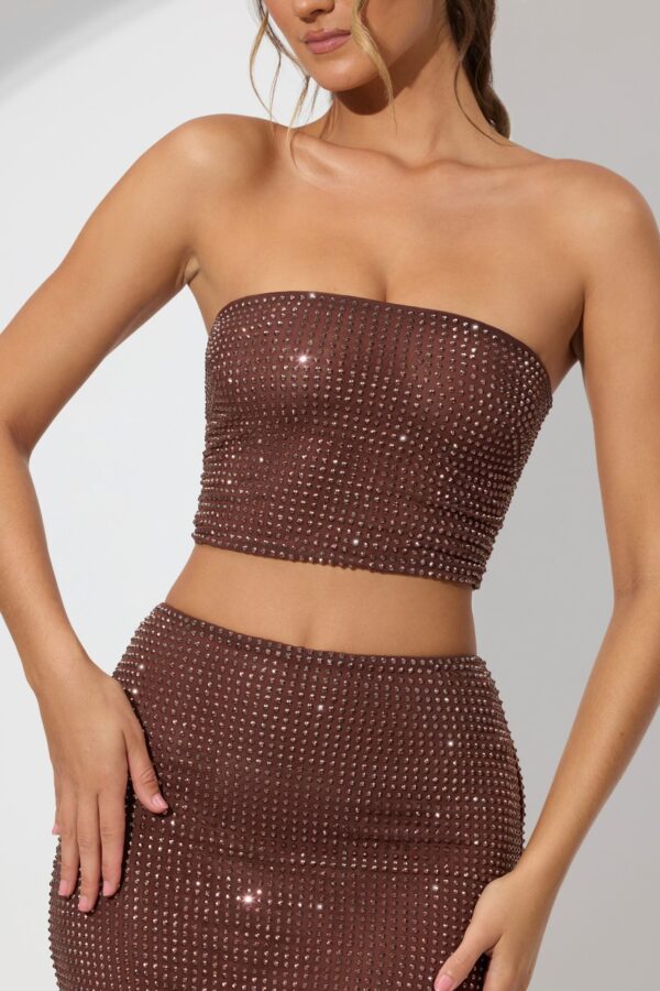Embellished Strapless Crop Top in Espresso - Image 4