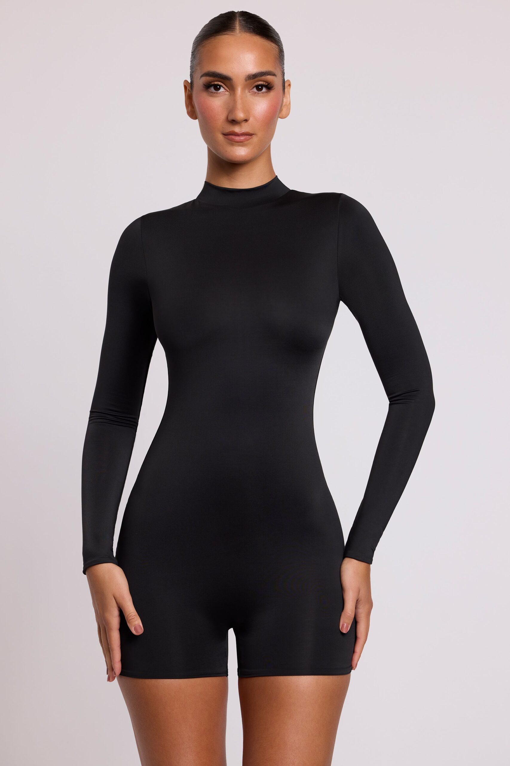 High Neck Long Sleeve Romper in Black - Image 6