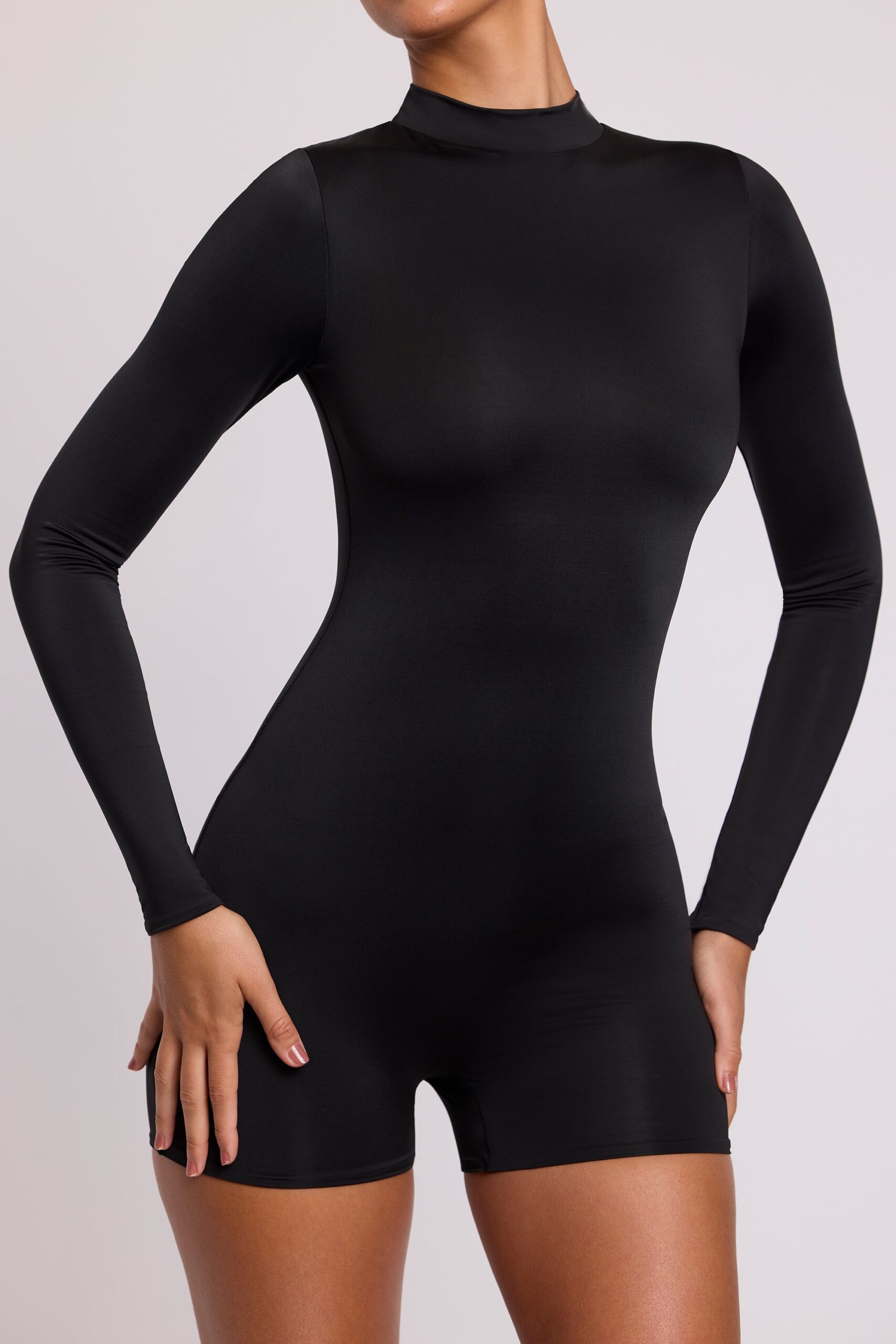 High Neck Long Sleeve Romper in Black - Image 4
