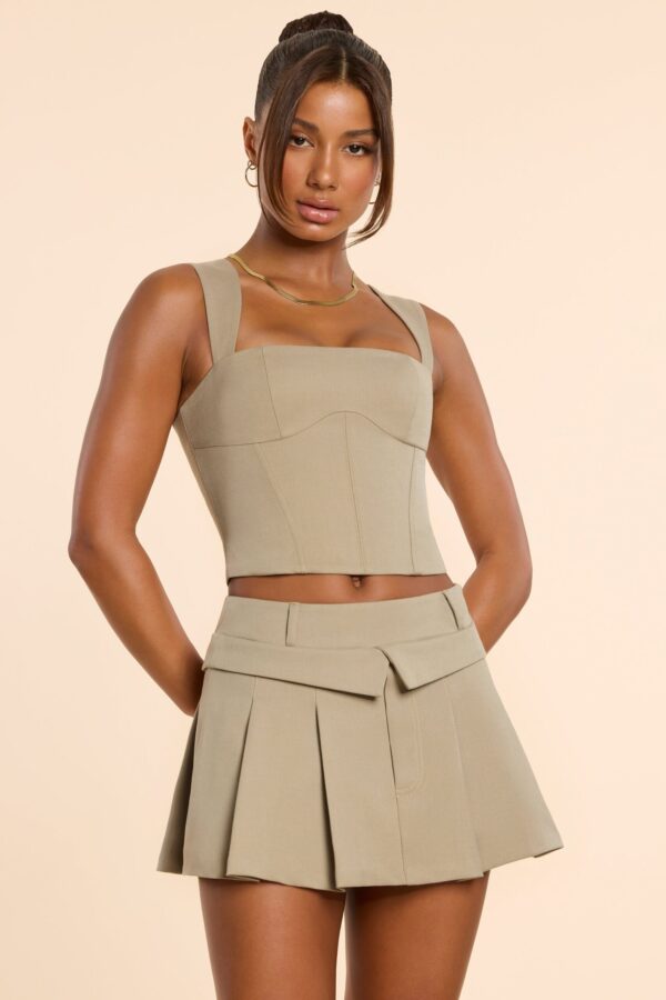Brushed Twill Mid Rise Pleated Micro Mini Skirt in Taupe - Image 4