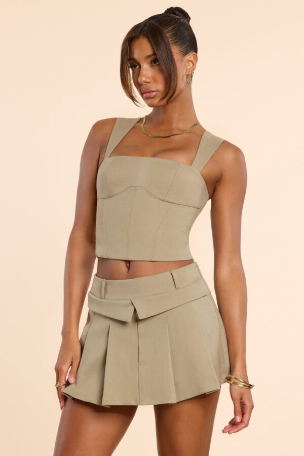 Brushed Twill Mid Rise Pleated Micro Mini Skirt in Taupe - Image 5
