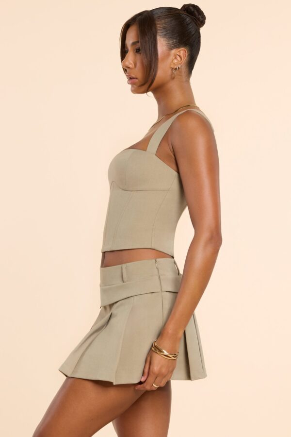 Brushed Twill Mid Rise Pleated Micro Mini Skirt in Taupe - Image 3