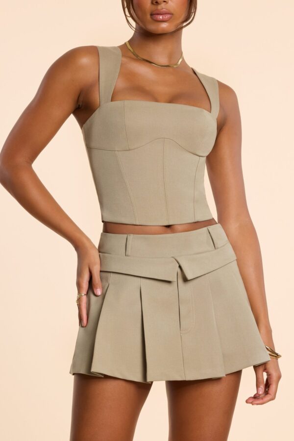 Brushed Twill Mid Rise Pleated Micro Mini Skirt in Taupe - Image 6