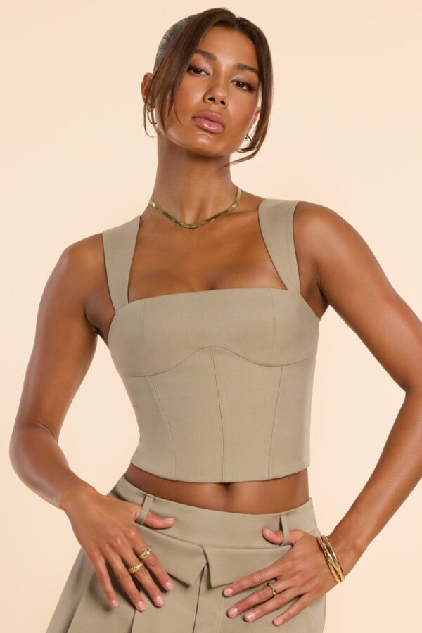 Brushed Twill Square Neck Tailored Top in Taupe - Image 8