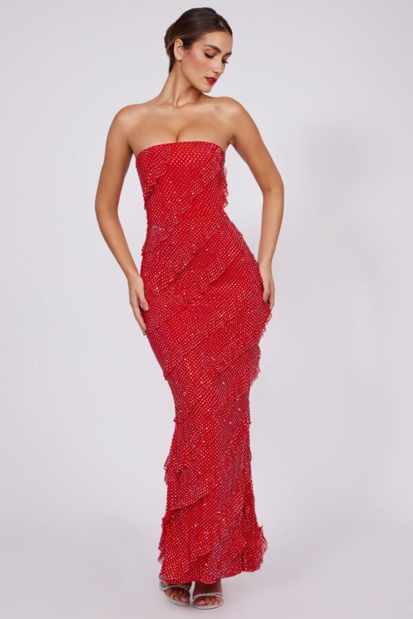 Embellished Strapless Ruffle Maxi Dress in Fire Red - Image 7