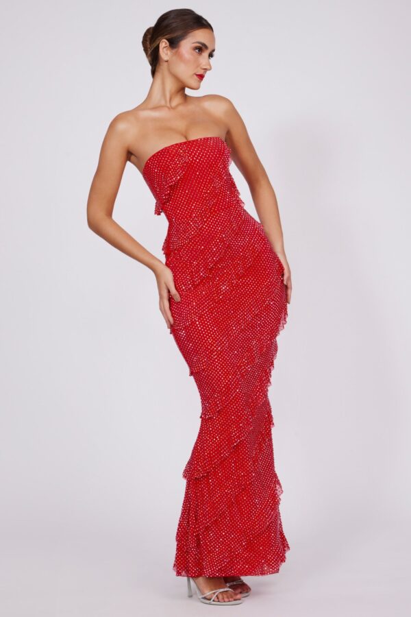 Embellished Strapless Ruffle Maxi Dress in Fire Red - Image 8