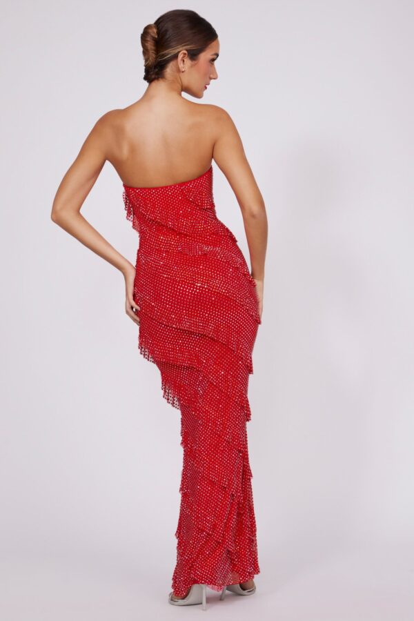 Embellished Strapless Ruffle Maxi Dress in Fire Red - Image 2