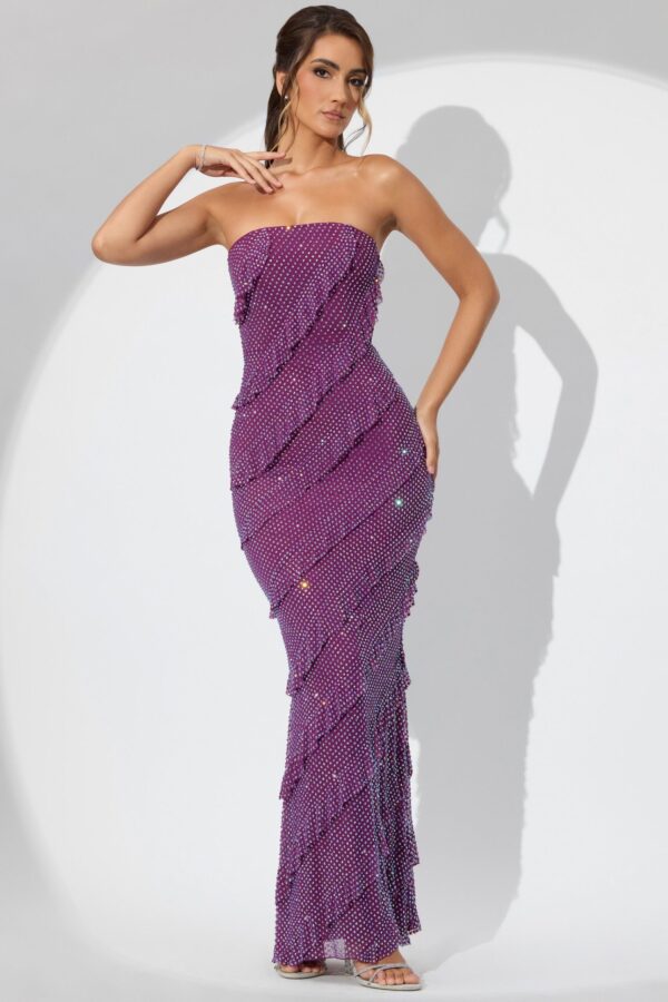 Embellished Strapless Ruffle Maxi Dress in Plum - Image 7