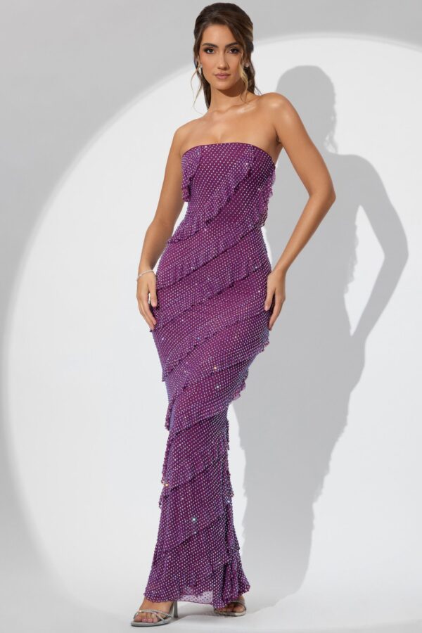Embellished Strapless Ruffle Maxi Dress in Plum - Image 8