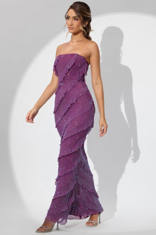 Embellished Strapless Ruffle Maxi Dress in Plum - Image 9
