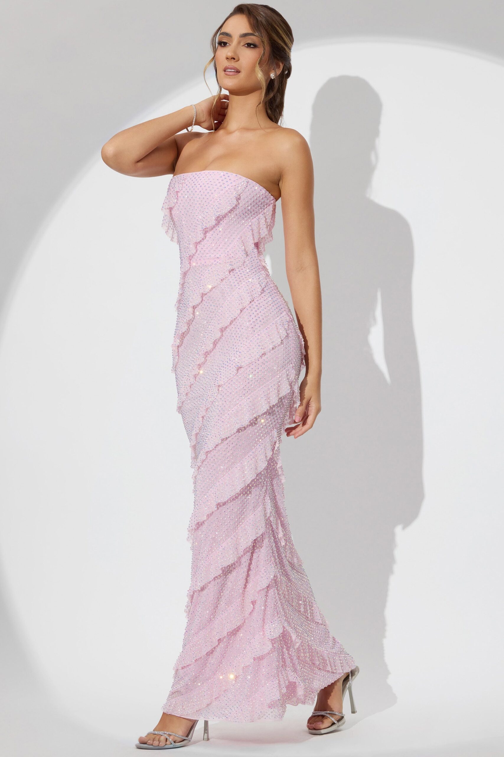 Embellished Strapless Ruffle Maxi Dress in Soft Pink - Image 9