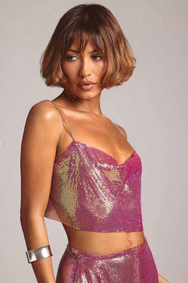 Premium Chainmail Cowl Neck Crop Top in Multi Pink - Image 3