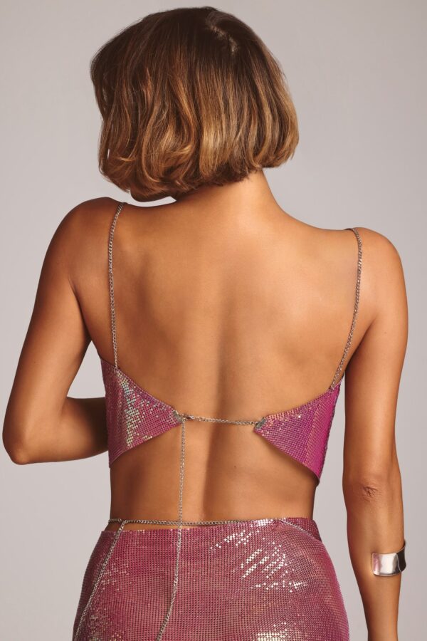 Premium Chainmail Cowl Neck Crop Top in Multi Pink - Image 2