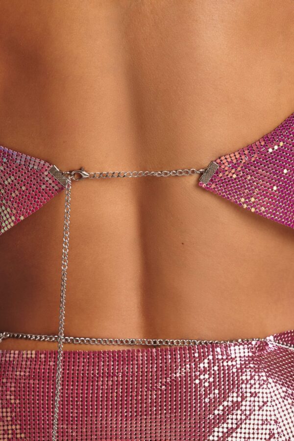 Premium Chainmail Cowl Neck Crop Top in Multi Pink - Image 4