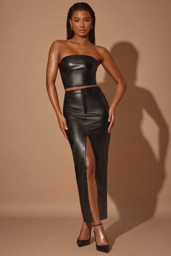 Mid-Rise Vegan Leather Maxi Skirt in Black - Image 9