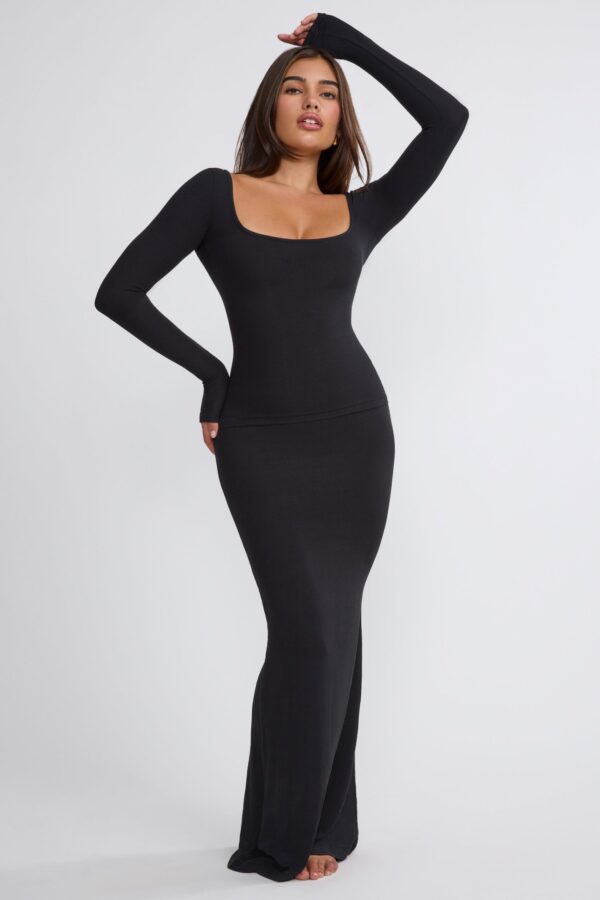 Ribbed Modal Mid Rise Maxi Skirt in Black - Image 4