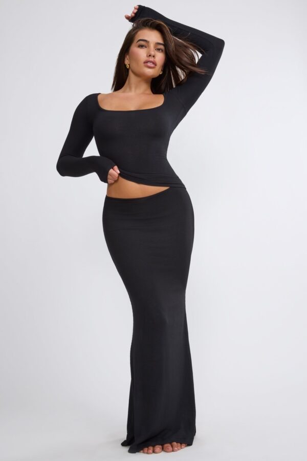 Ribbed Modal Mid Rise Maxi Skirt in Black - Image 12
