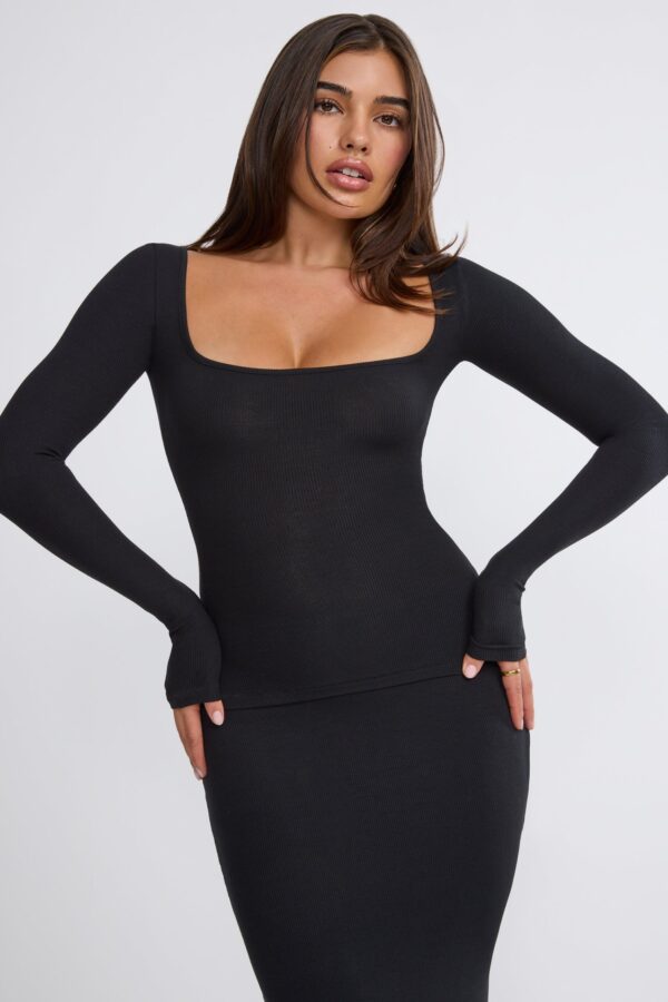 Ribbed Modal Mid Rise Maxi Skirt in Black - Image 9