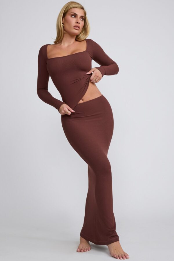 Ribbed Modal Mid Rise Maxi Skirt in Chocolate - Image 6