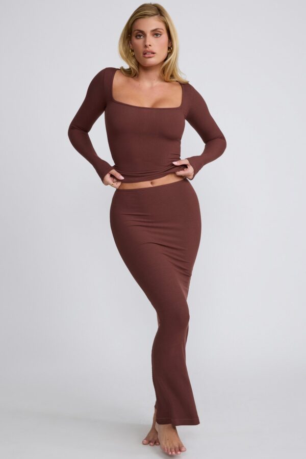 Ribbed Modal Mid Rise Maxi Skirt in Chocolate - Image 4