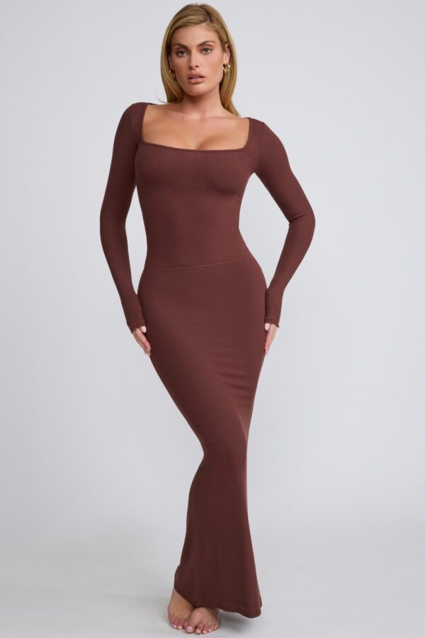 Ribbed Modal Mid Rise Maxi Skirt in Chocolate - Image 3