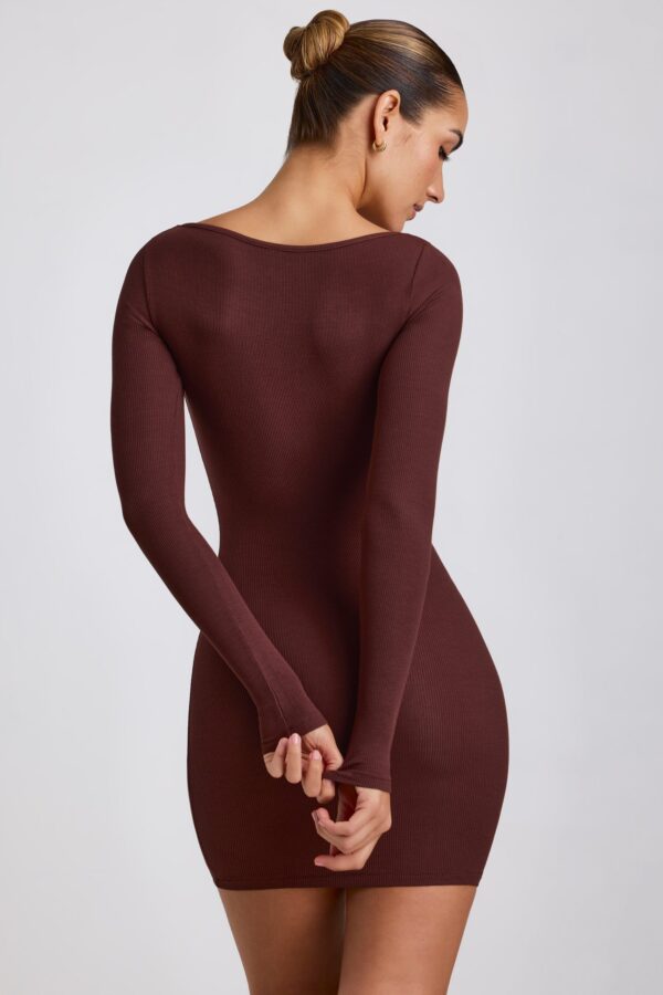 Ribbed Modal Long Sleeve Mini Dress in Chocolate - Image 2