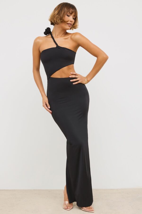 Premium Jersey Asymmetric Cut Out Maxi Dress in Black - Image 7