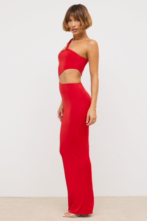 Premium Jersey Asymmetric Cut Out Maxi Dress  in Scarlet Red - Image 3