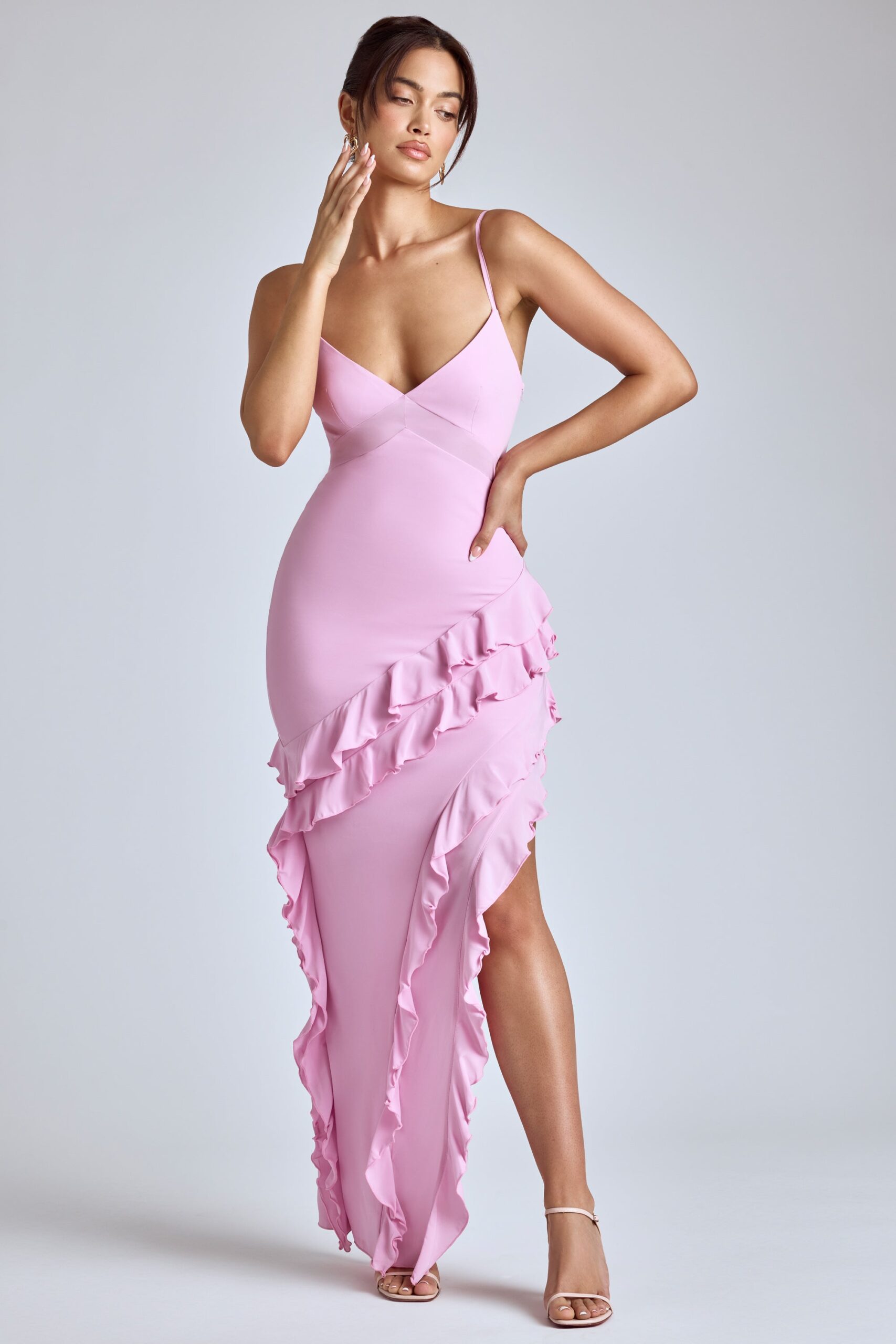 Panelled Ruffle Evening Gown in Baby Pink - Image 10
