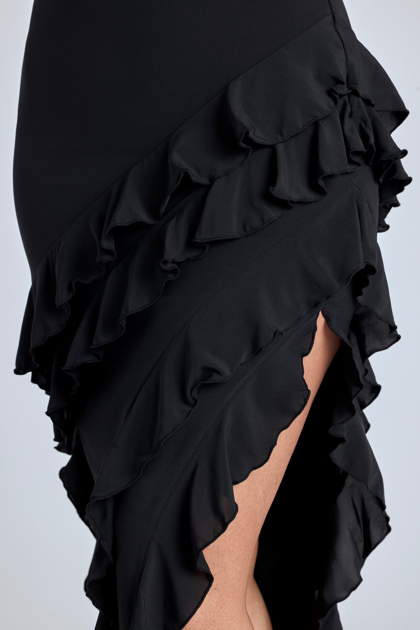 Panelled Ruffle Evening Gown in Black - Image 4