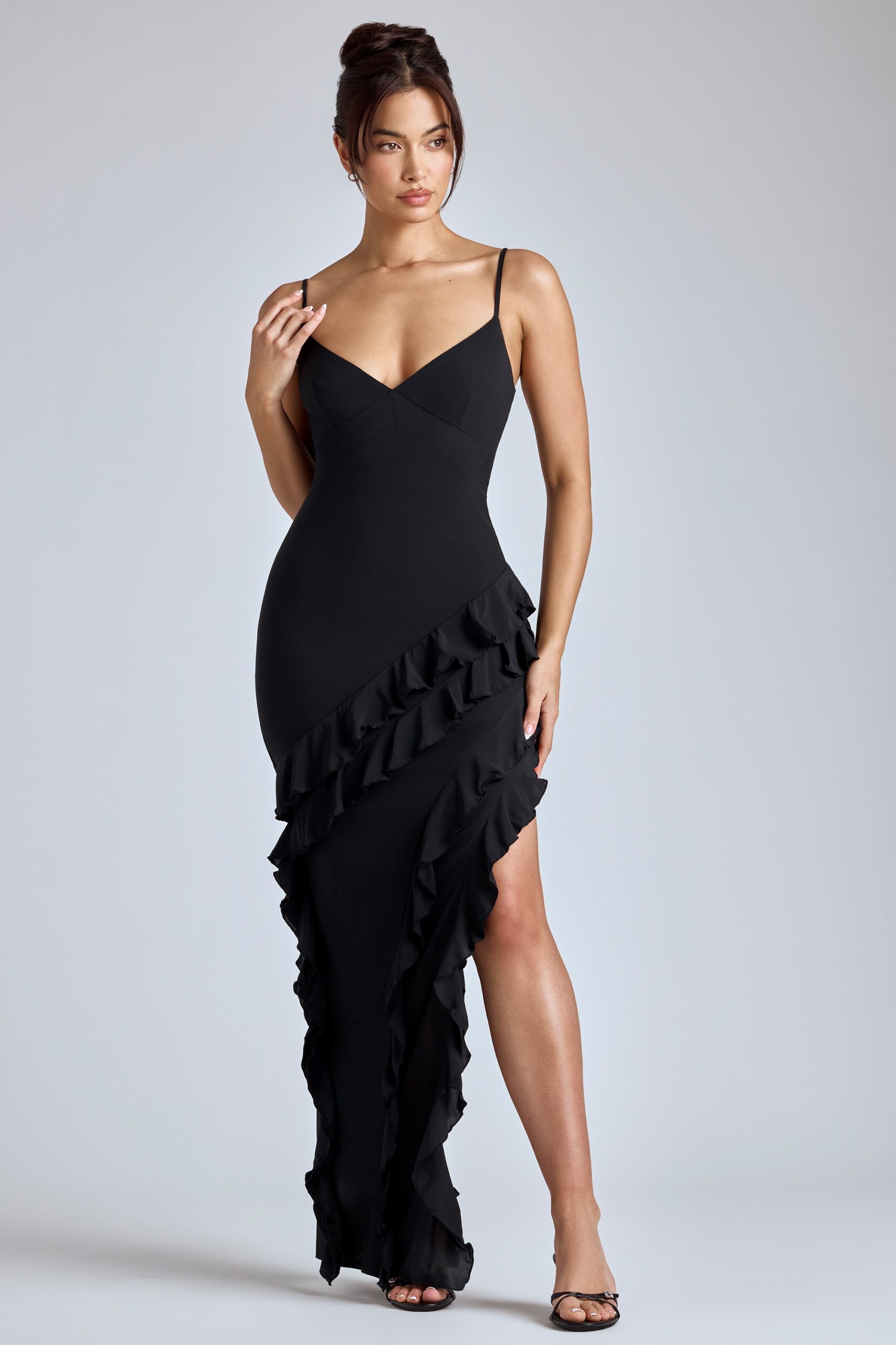 Panelled Ruffle Evening Gown in Black - Image 10