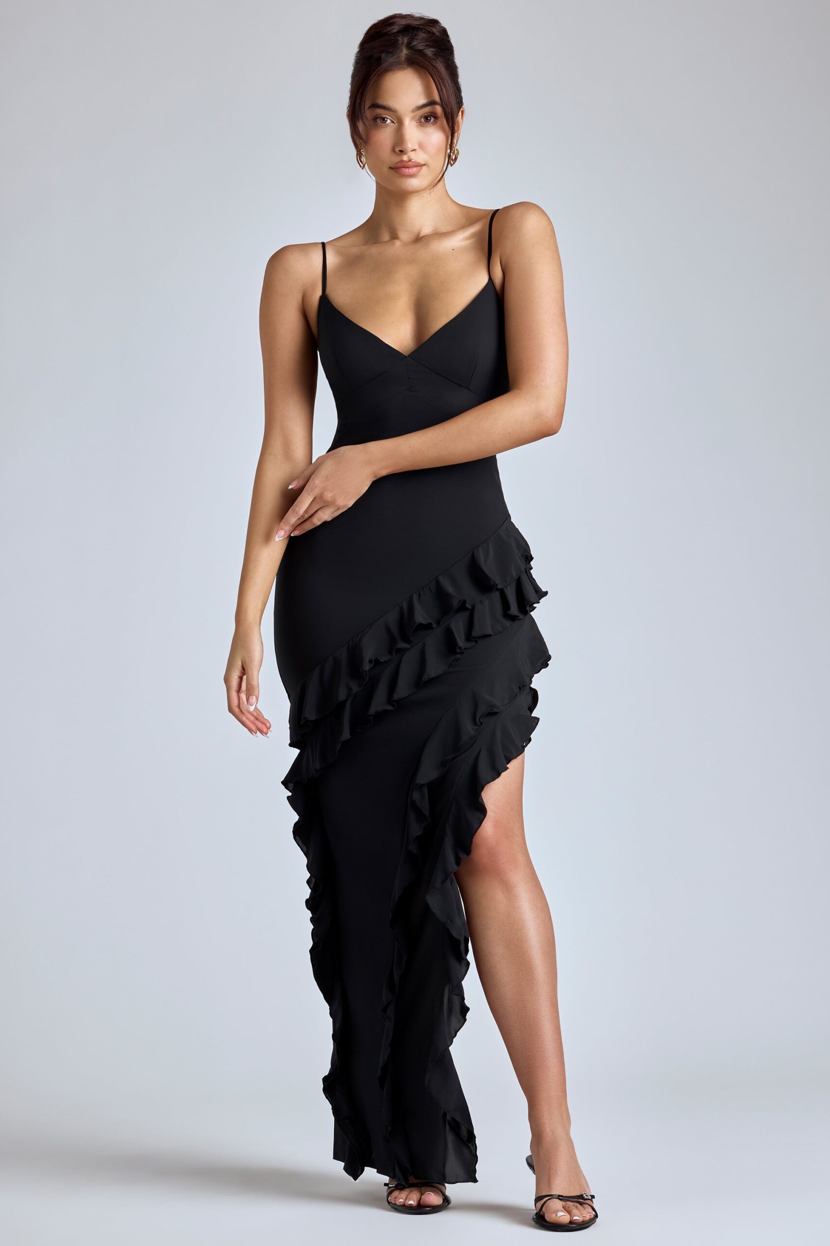 Panelled Ruffle Evening Gown in Black - Image 7