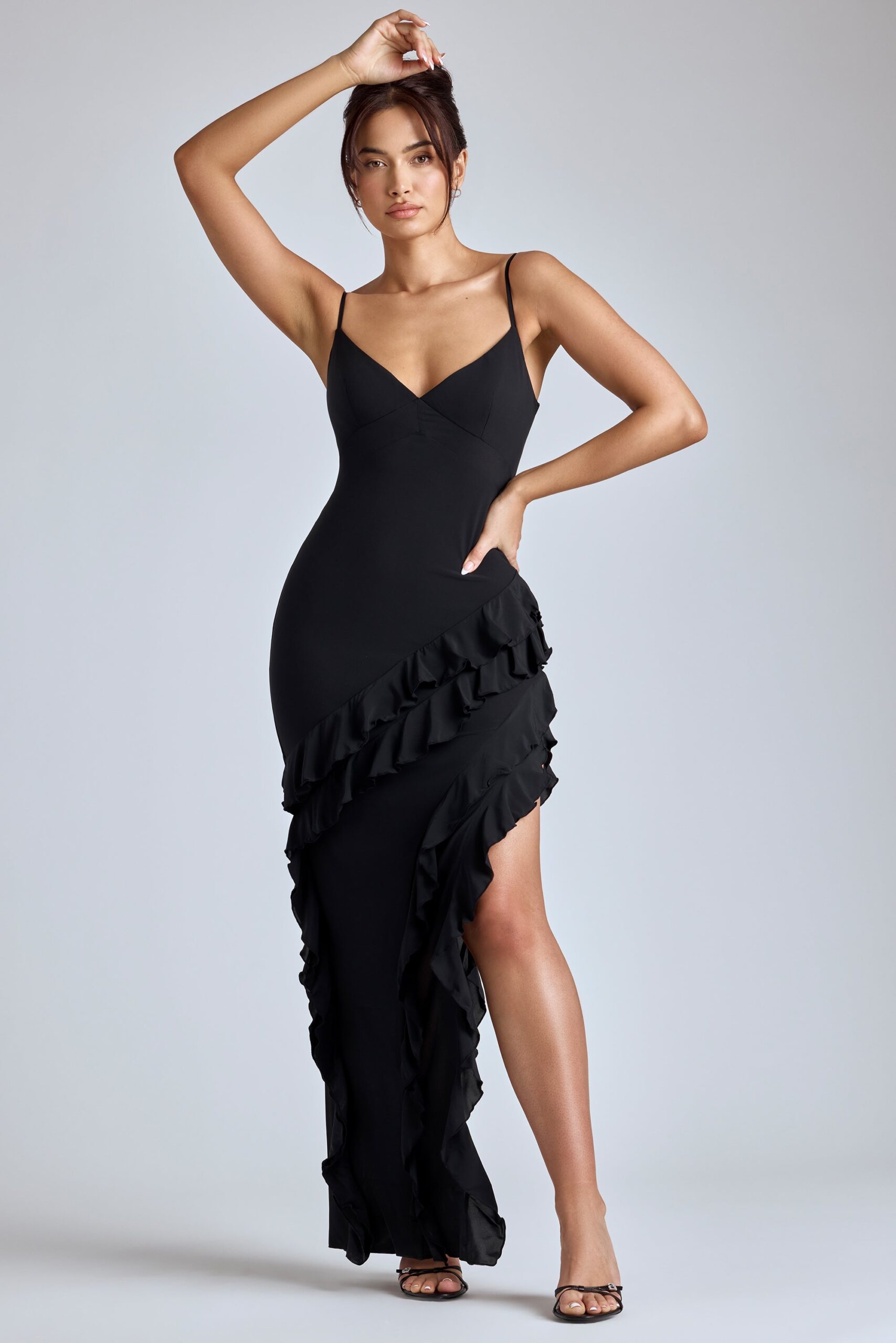 Panelled Ruffle Evening Gown in Black - Image 6