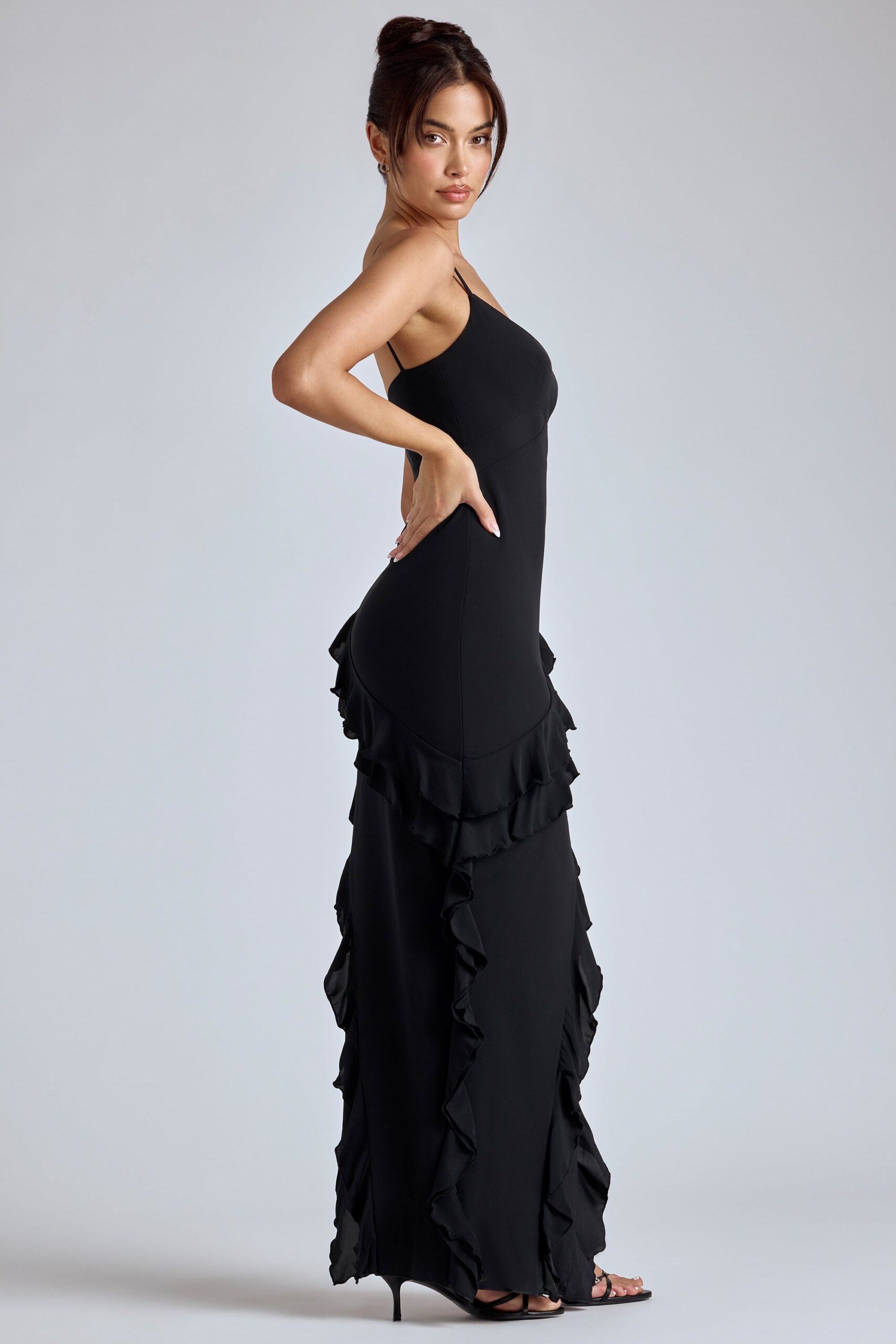 Panelled Ruffle Evening Gown in Black - Image 3