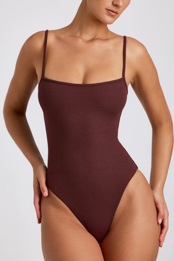 Ribbed Modal Square Neck Bodysuit in Chocolate - Image 4